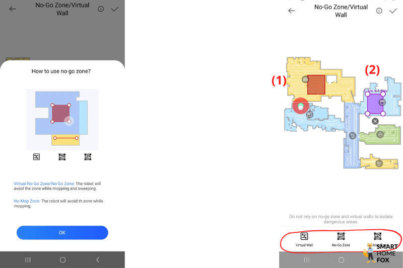 Зоны, в которых запрещена влажная уборка, и зоны, в которых запрещена сухая уборка, устанавливаются в приложении Dreame Home.